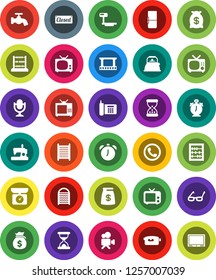 White Solid Icon Set- water tap vector, washboard, kettle, glasses, alarm clock, abacus, money bag, phone, big scales, film frame, tv, video camera, microphone, sand, fridge, closed, kitchen