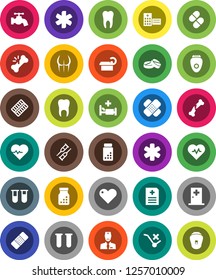 White Solid Icon Set- water tap vector, heart pulse, pills vial, buttocks, no trolley, ambulance star, crutches, broken bone, patch, bottle, blister, anamnesis, hospital bed, building, tomography