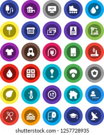 White Solid Icon Set- water drop vector, toilet paper, cleaner woman, thermometer, mushroom, graduate hat, personal information, leaf, jump rope, punching bag, t shirt, roller Skates, mobile phone