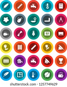White Solid Icon Set- water tap vector, splotch, welcome mat, washboard, rolling pin, thermometer, chicken leg, pen, corner ruler, drawing compass, Railway carriage, glass, tulip, big scales, plan