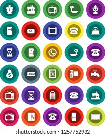 White Solid Icon Set- water tap vector, washboard, kettle, alarm clock, abacus, money bag, sand, phone, big scales, film frame, tv, video camera, microphone, classic, fridge, closed, sewing machine
