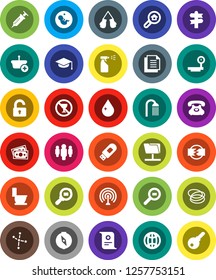 White Solid Icon Set- water drop vector, toilet, sprayer, shower, graduate hat, compass, certificate, constellation, man, boxing glove, no alcohol sign, hoop, signpost, money, phone, document, globe
