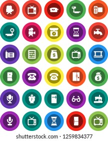 White Solid Icon Set- water tap vector, glasses, alarm clock, abacus, money bag, sand, phone, big scales, film frame, tv, video camera, microphone, fridge, kitchen, sewing machine
