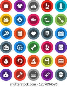 White Solid Icon Set- water drop vector, pan, skimmer, meat hammer, microscope, dollar coin, bike, t shirt, calendar, bone, money, ship, car, flammable, big scales, heart, dna, undo, search estate