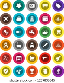 White Solid Icon Set- water tap vector, splotch, bath, cleaner woman, kettle, knife, cutting board, grater, toaster, jug, school building, scissors, wallet, gold ingot, jump rope, plane, glass, key