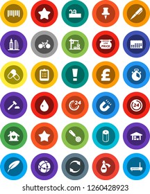 White Solid Icon Set- water drop vector, toilet paper, cook timer, skimmer, pen, clipboard, magnet, auction, pound, bike, pills, calendar, barcode, thumbtack, potion, connection, refresh, pool, barn