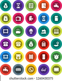White Solid Icon Set- water tap vector, washboard, kettle, glasses, alarm clock, abacus, money bag, sand, phone, big scales, film frame, video camera, microphone, fridge, tv, closed, kitchen
