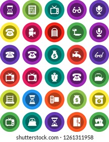White Solid Icon Set- water tap vector, washboard, kettle, glasses, alarm clock, abacus, money bag, sand, phone, big scales, tv, video camera, microphone, classic, fridge, kitchen, sewing machine
