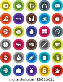 White Solid Icon Set- water tap vector, camping cauldron, colander, cook glove, knife, egg, archive, graph, clock, target, diet, barbell, package, oil barrel, camera, equalizer, remote control, mail