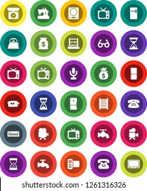 White Solid Icon Set- water tap vector, washboard, kettle, glasses, abacus, money bag, sand clock, phone, tv, video camera, microphone, classic, fridge, closed, kitchen scales, sewing machine