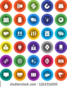 White Solid Icon Set- water drop vector, shining, window, toaster, spices, jar, potato, backpack, magnet, shorts, target, heart monitor, truck trailer, settings, video camera, battery, dna, pills