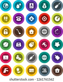 White Solid Icon Set- water tap vector, splotch, ladle, cutting board, world, personal information, pie graph, money bag, target, pool, earth, tulip, weight, flammable, satellitie, notebook pc, rca