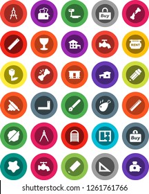 White Solid Icon Set- water tap vector, splotch, washboard, rolling pin, chicken leg, pen, pencil, corner ruler, drawing compass, glass, tulip, big scales, Railway carriage, broken bone, cottage