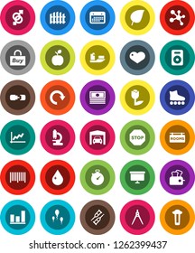 White Solid Icon Set- water drop vector, drawing compass, apple fruit, leaf, graph, cash, presentation board, stopwatch, roller Skates, molecule, ship, calendar, tulip, speaker, heart, gender sign