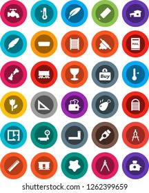 White Solid Icon Set- water tap vector, splotch, washboard, rolling pin, thermometer, chicken leg, pen, pencil, corner ruler, drawing compass, Railway carriage, glass, tulip, big scales, hdmi, plan