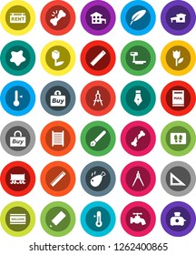 White Solid Icon Set- water tap vector, splotch, welcome mat, washboard, thermometer, chicken leg, pen, pencil, corner ruler, drawing compass, Railway carriage, tulip, big scales, broken bone, buy