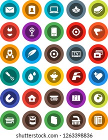 White Solid Icon Set- water tap vector, fetlock, sponge, washing powder, shining window, sink, cleaner woman, whisk, pen, notebook pc, magnet, pie graph, credit card, target, personal information