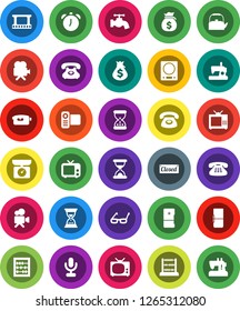 White Solid Icon Set- water tap vector, kettle, glasses, alarm clock, abacus, money bag, sand, phone, film frame, tv, video camera, microphone, classic, fridge, closed, kitchen scales