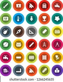 White Solid Icon Set- water tap vector, splotch, welcome mat, washboard, rolling pin, thermometer, chicken leg, pen, pencil, corner ruler, drawing compass, glass, tulip, Railway carriage, hdmi