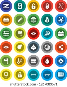White Solid Icon Set- water drop vector, mixer, backpack, presentation, world, leaf, money bag, measuring, jump rope, skateboard, molecule, gymnast rings, package, flammable, social media, speaker
