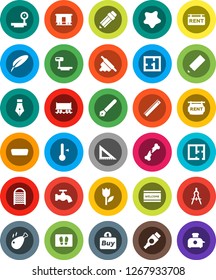 White Solid Icon Set- water tap vector, splotch, welcome mat, washboard, rolling pin, thermometer, chicken leg, pen, pencil, corner ruler, drawing compass, Railway carriage, tulip, big scales, hdmi