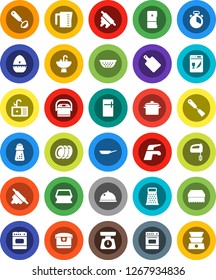 White Solid Icon Set- water tap vector, sponge, sink, pan, colander, measuring cup, scales, cook timer, spatula, ladle, rolling pin, cutting board, hand mill, grater, oven, plates, dish, dishwasher