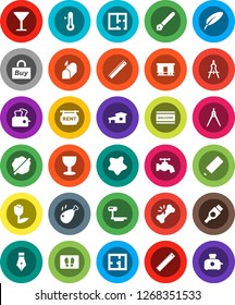 White Solid Icon Set- water tap vector, splotch, welcome mat, thermometer, chicken leg, pen, pencil, ruler, drawing compass, glass, tulip, big scales, Railway carriage, hdmi, broken bone, cottage