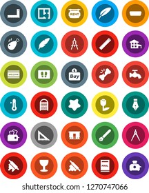 White Solid Icon Set- water tap vector, splotch, welcome mat, washboard, rolling pin, thermometer, chicken leg, pen, corner ruler, drawing compass, glass, tulip, Railway carriage, hdmi, broken bone