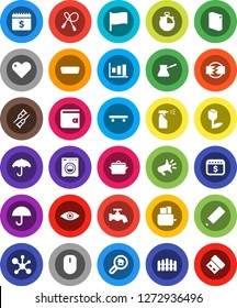 White Solid Icon Set- water tap vector, washing powder, sprayer, pan, turk coffee, toaster, pencil, molecule, flag, graph, wallet, dollar calendar, stopwatch, jump rope, skateboard, umbrella, tulip