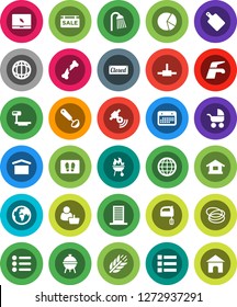 White Solid Icon Set- water tap vector, welcome mat, shower, ladle, cutting board, mixer, bbq, world, pie graph, cereals, hoop, earth, calendar, dry cargo, big scales, satellitie, notebook pc, globe