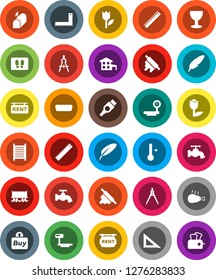 White Solid Icon Set- water tap vector, welcome mat, washboard, rolling pin, thermometer, chicken leg, pen, corner ruler, drawing compass, Railway carriage, glass, tulip, big scales, hdmi, cottage
