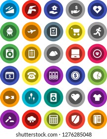 White Solid Icon Set- water tap vector, house hold, garbage pile, bbq, dollar coin, pie graph, investment, auction, calculator, binder, calendar, clipboard, t shirt, stairways run, heart cross, cart
