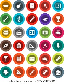 White Solid Icon Set- water tap vector, splotch, welcome mat, washboard, rolling pin, thermometer, chicken leg, pen, pencil, corner ruler, drawing compass, glass, hdmi, broken bone, cottage, mailbox