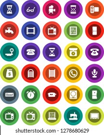 White Solid Icon Set- water tap vector, washboard, glasses, alarm clock, abacus, sand, big scales, film frame, tv, video camera, microphone, classic phone, fridge, money bag, closed, kitchen