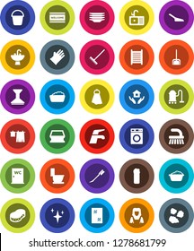 White Solid Icon Set- water tap vector, vacuum cleaner, fetlock, scoop, rake, bucket, sponge, towel, car, shining, window cleaning, welcome mat, toilet, drying clothes, washer, foam basin, agent