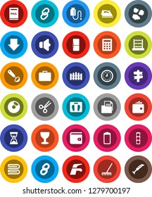 White Solid Icon Set- water tap vector, rake, towel, iron, garbage pile, ladle, abacus, pie graph, wallet, case, clock, sand, arrow down, scales, signpost, traffic light, document, glass, speaker