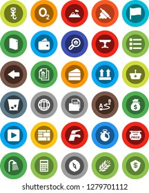 White Solid Icon Set- water tap vector, trash bin, washing powder, shower, cook timer, rolling pin, cake, compass, world, flag, money bag, calculator, cereals, oxygen, consolidated cargo, document