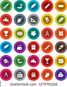 White Solid Icon Set- water tap vector, splotch, welcome mat, washboard, chicken leg, pen, pencil, corner ruler, drawing compass, glass, tulip, big scales, hdmi, cottage, mailbox, rent signboard