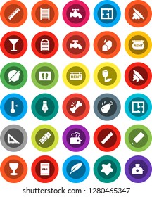 White Solid Icon Set- water tap vector, splotch, welcome mat, washboard, rolling pin, thermometer, chicken leg, pen, pencil, corner ruler, glass, tulip, broken bone, mailbox, plan, rent signboard
