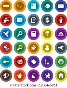 White Solid Icon Set- water tap vector, steaming, toilet brush, apron, cutting board, copybook, telescope, paper pin, molecule, magnifier, constellation, dollar sign, money, receipt, document, mail