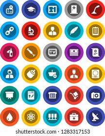 White Solid Icon Set- water drop vector, graduate hat, pen, atom, microscope, certificate, cash, manager, presentation board, clipboard, navigator, support, cargo, tv, link, rca, doctor bag, potion