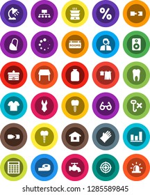White Solid Icon Set- water tap vector, drying clothes, rubber glove, jar, university, glasses, table lamp, graph, calculator, hierarchy, measuring, swimsuite, target, support, no hook, speaker