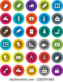 White Solid Icon Set- water tap vector, welcome mat, thermometer, chicken leg, pen, pencil, corner ruler, drawing compass, tulip, big scales, Railway carriage, hdmi, broken bone, cottage, mailbox