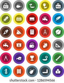 White Solid Icon Set- water tap vector, splotch, washboard, rolling pin, thermometer, chicken leg, pen, pencil, corner ruler, drawing compass, Railway carriage, glass, tulip, big scales, hdmi, buy