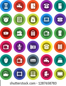 White Solid Icon Set- water tap vector, washboard, kettle, alarm clock, abacus, sand, phone, film frame, tv, video camera, microphone, classic, fridge, money bag, closed, sewing machine