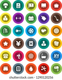 White Solid Icon Set- water drop vector, bath, shower, pan, ladle, cutting board, toaster, oven, sieve, mushroom, potato, book, backpack, target, yen sign, barbell, shorts, molecule, breads, client