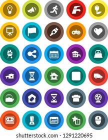 White Solid Icon Set- water tap vector, kettle, cook hat, bbq, presentation, flag, sand clock, calendar, run, money, car, tulip, heart, stop button, hdmi, share, favorites, cottage, love home, smart