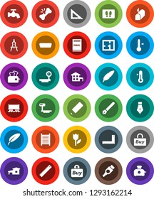 White Solid Icon Set- water tap vector, welcome mat, washboard, thermometer, pen, pencil, corner ruler, drawing compass, Railway carriage, tulip, big scales, hdmi, broken bone, cottage, mailbox, buy