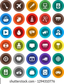White Solid Icon Set- water drop vector, ladle, pen, dollar calendar, bike, jump rope, boxing glove, target, plane, support, antenna, loudspeaker, speaker, play button, tooth implant, disconnection