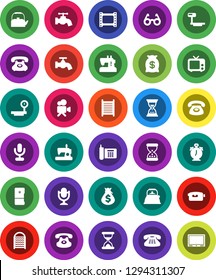 White Solid Icon Set- water tap vector, washboard, kettle, glasses, alarm clock, money bag, sand, phone, big scales, film frame, tv, video camera, microphone, classic, fridge, sewing machine
